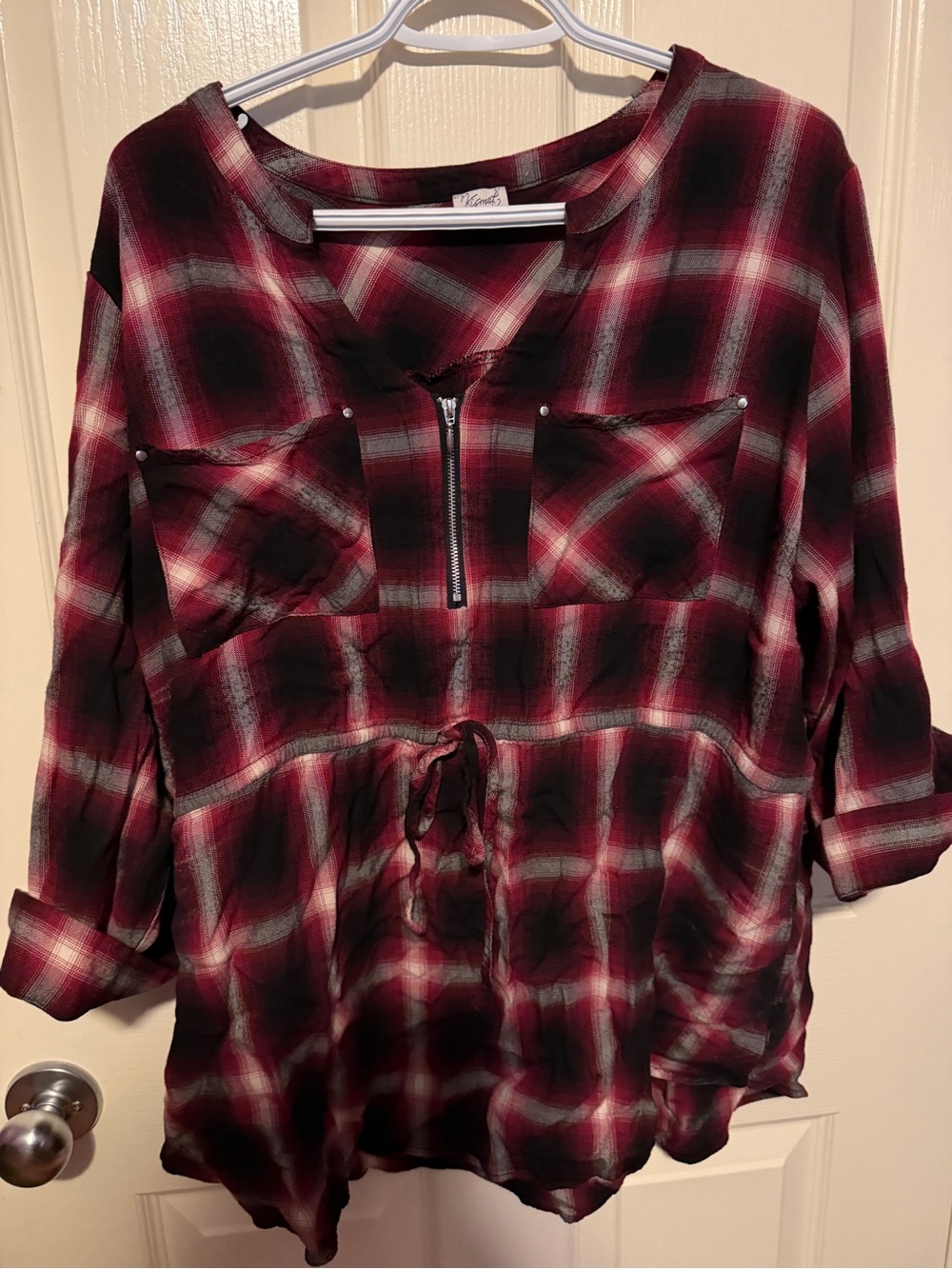 Kismet Burgundy and Black Plaid Zip-Front Drawstring Tunic
